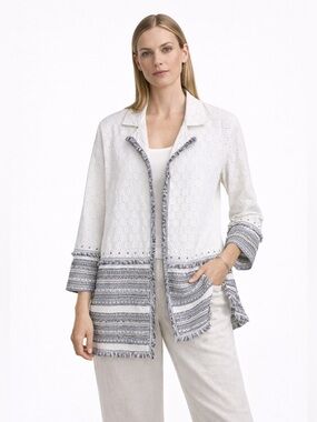 Chicos Eyelet Cardigan Boho Coastal Grandma Linen Fringe Jacket M 8/10